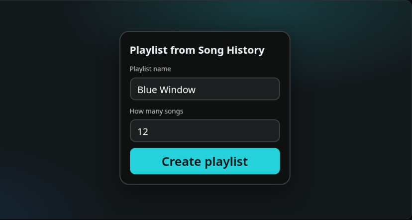 The Make playlist panel: playlist name Blue Window, 12 songs, and a Create playlist button.