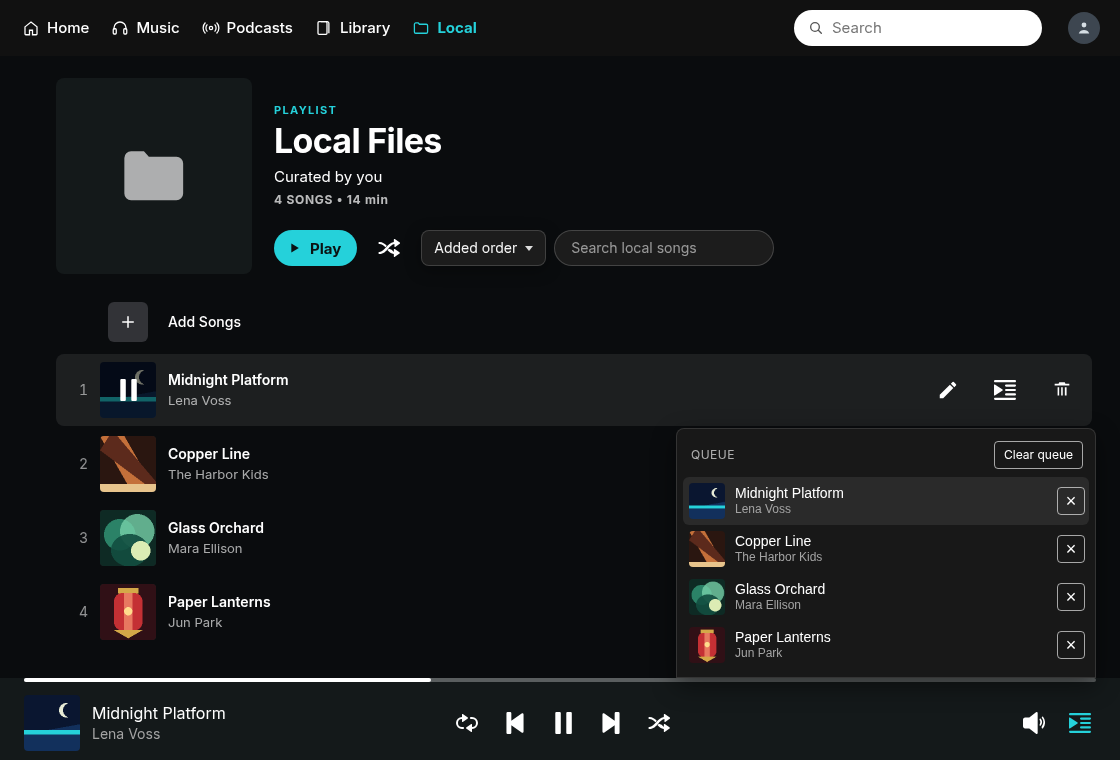Local Files playlist with the queue open. The header reads 4 SONGS and 14 min. Midnight Platform is highlighted with a pause icon.