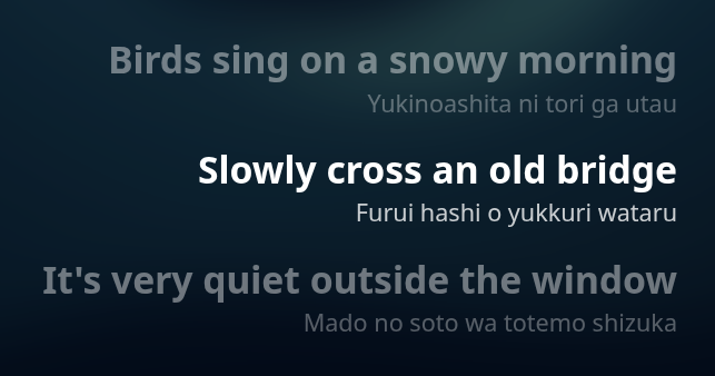 Three invented lines shown as a large English translation with the romanization underneath, at the Large text size.