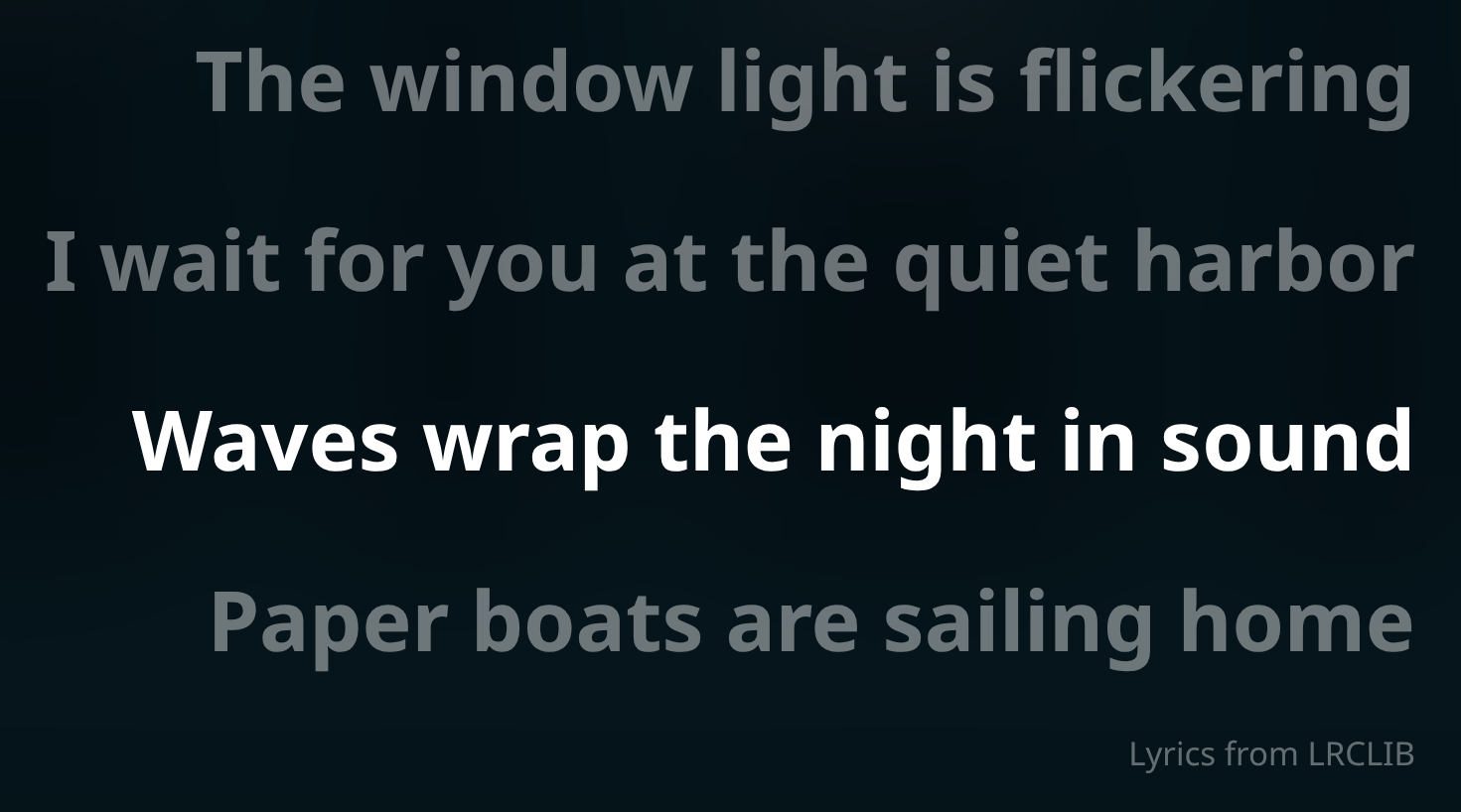 Invented English lyric lines on a blue demo background, the current line highlighted in white, with a small Lyrics from LRCLIB credit under the last line.