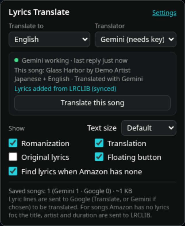 The extension popup: target language, translator, Gemini status, this song's title, artist and status, a note that the lyrics were added from LRCLIB, the Translate this song button, text size, toggles including Find lyrics when Amazon has none, and the saved-songs counter.